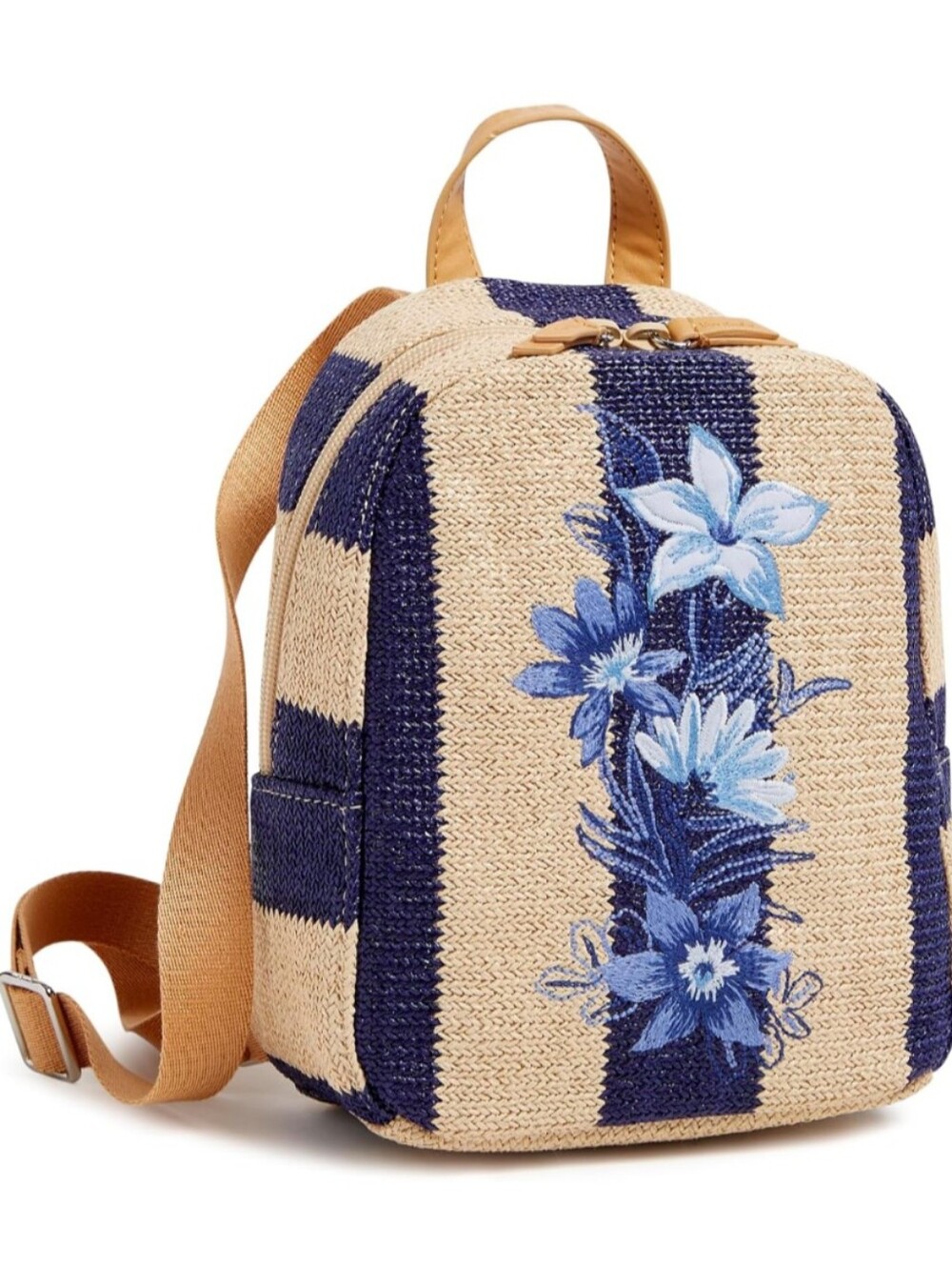VERA BRADLEY Mini Straw Backpack Navy Blue Floral Embroidered Stripe